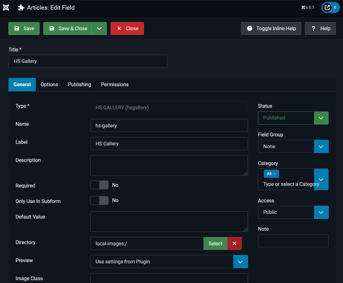 HS Gallery Fields dashboard